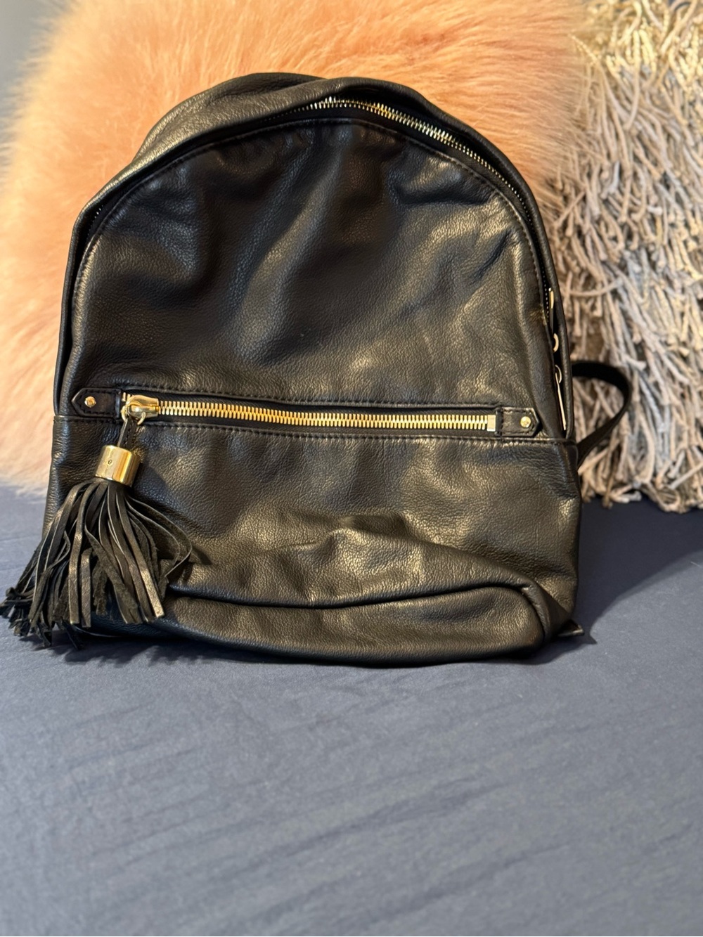 margot Black Leather Tassel Accent Backpack with Gold Hardware